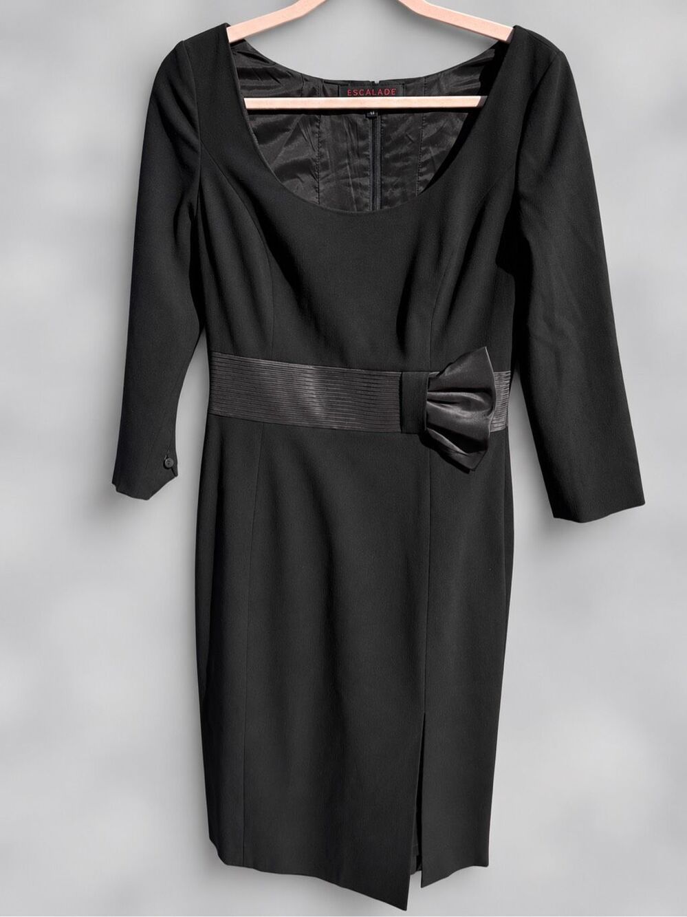 ESCADA Vintage Bow Waist Sheath Dress Virgin Wool Silk Black Womens Sz 4 Elegant